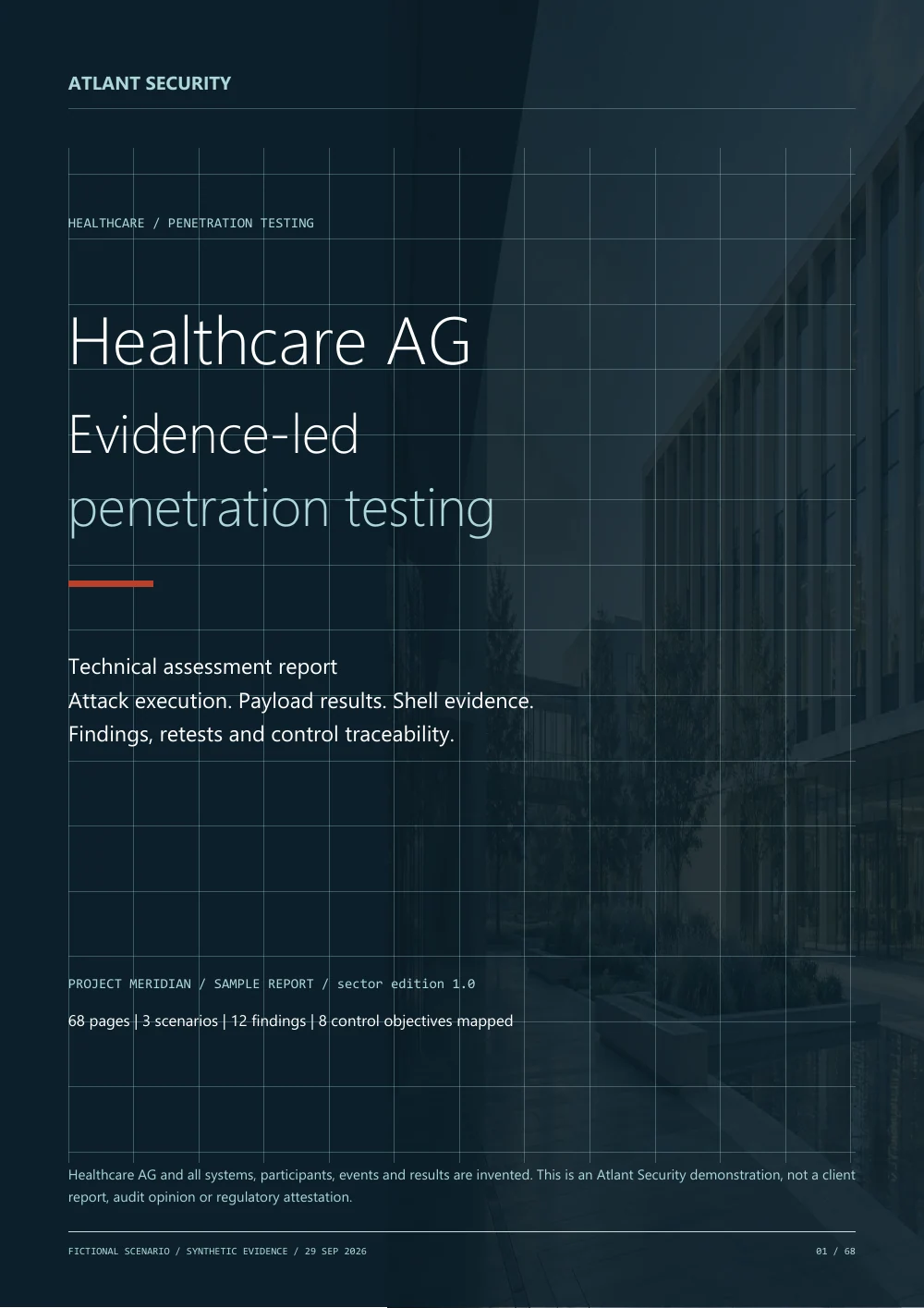 The complete case study — page 1 of the fictional Healthcare AG report. Text summary follows.