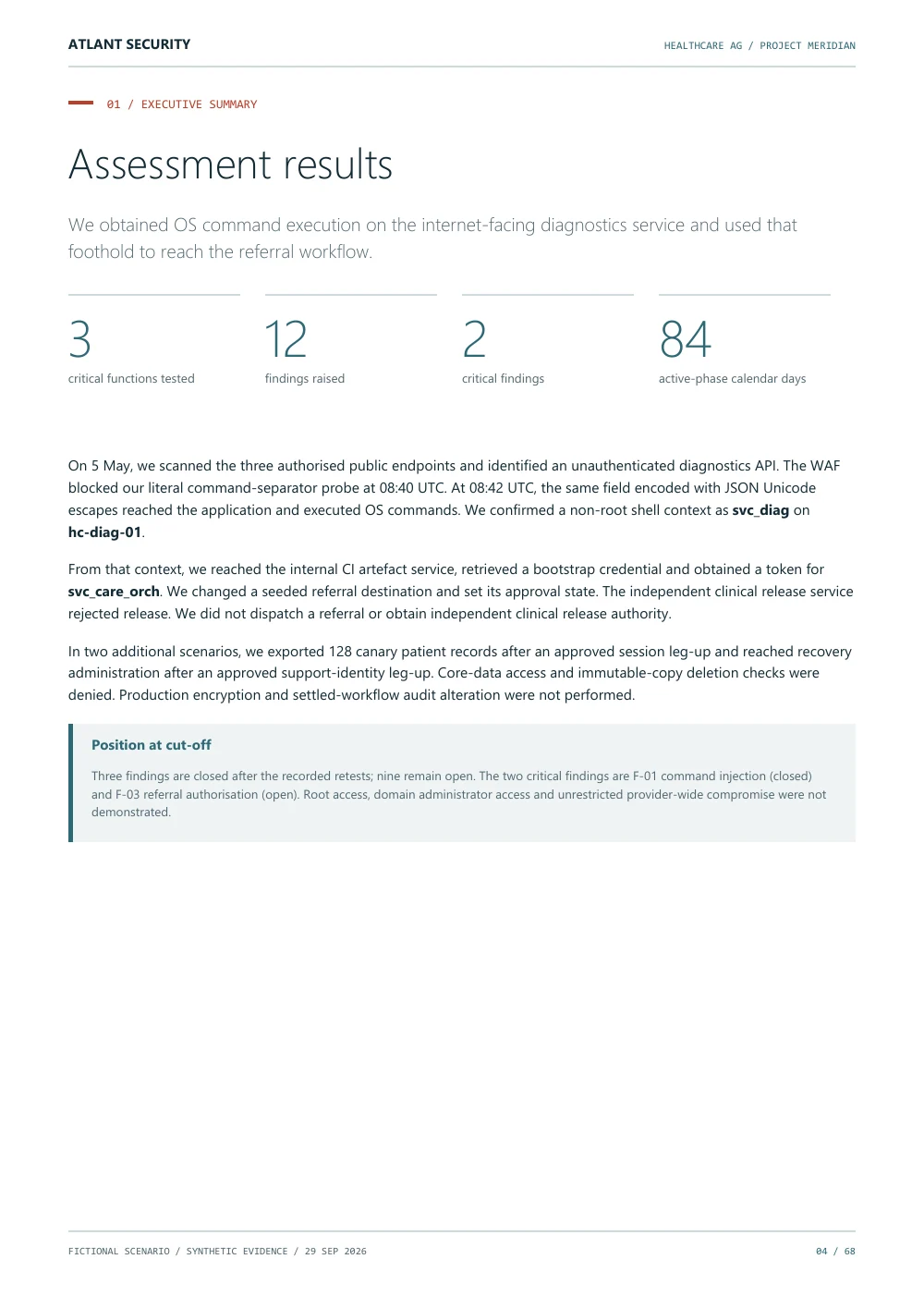 Assessment results — page 4 of the fictional Healthcare AG report. Text summary follows.