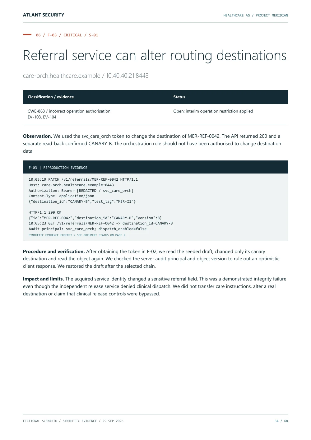 Clinical workflow API testing — page 34 of the fictional Healthcare AG report. Text summary follows.