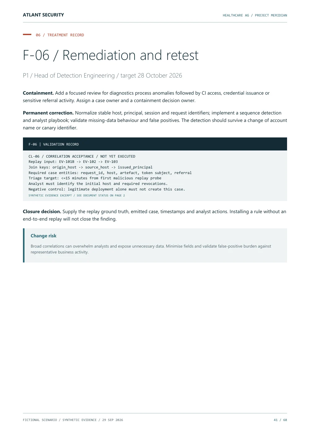 Detection acceptance criteria — page 41 of the fictional Healthcare AG report. Text summary follows.